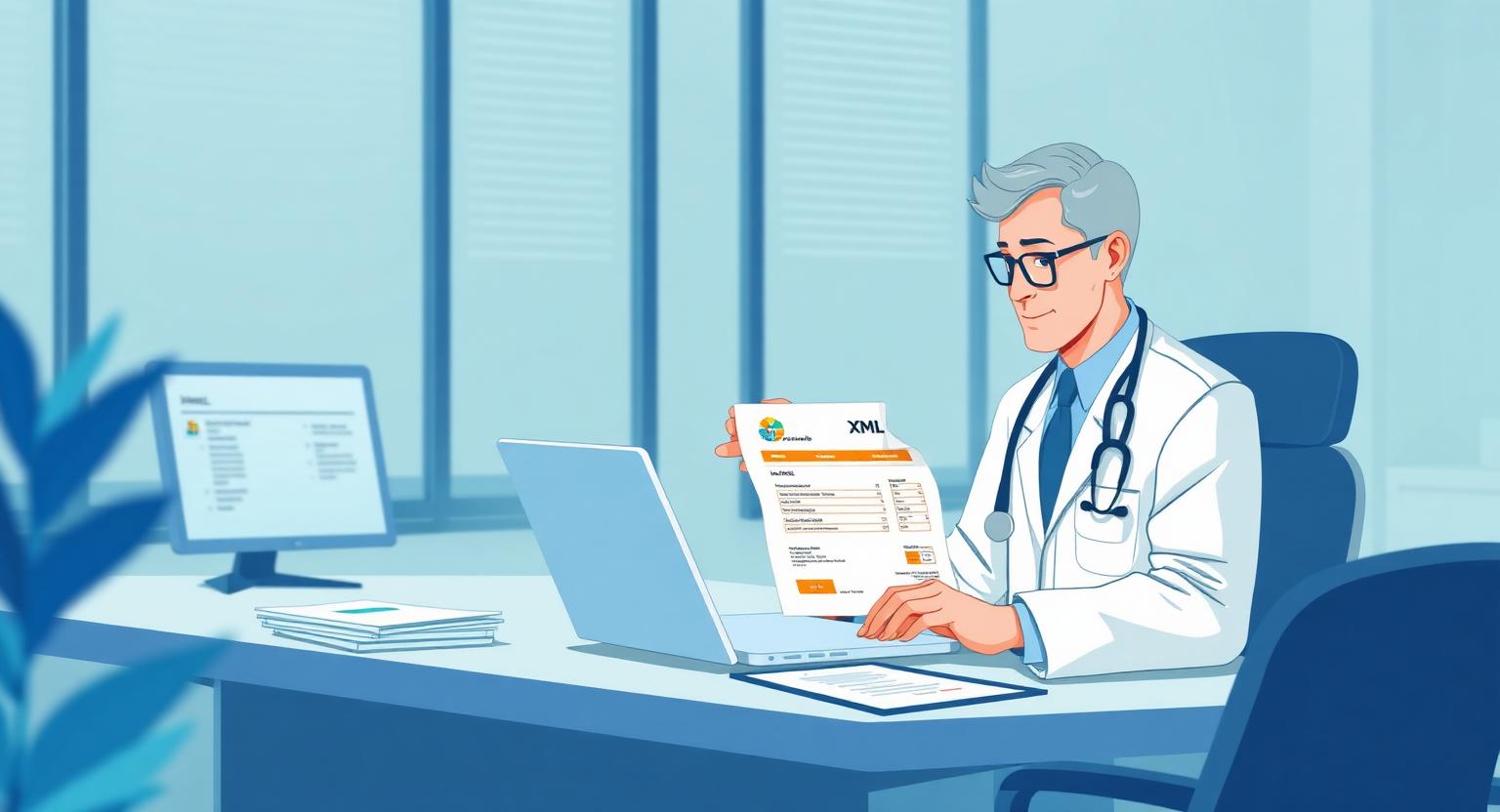 Médico revisando lote XML TISS no laptop em consultório